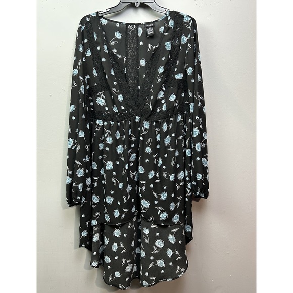 torrid Dresses & Skirts - Torrid Dress Womens 2 Black Blue Floral Lace Long Sleeve V Neck High Low Boho
